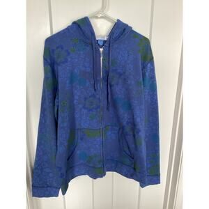 Vintage Fresh Produce Women's Floral Zip Up Kangaroo Pocket Hoodie Blue Size XL